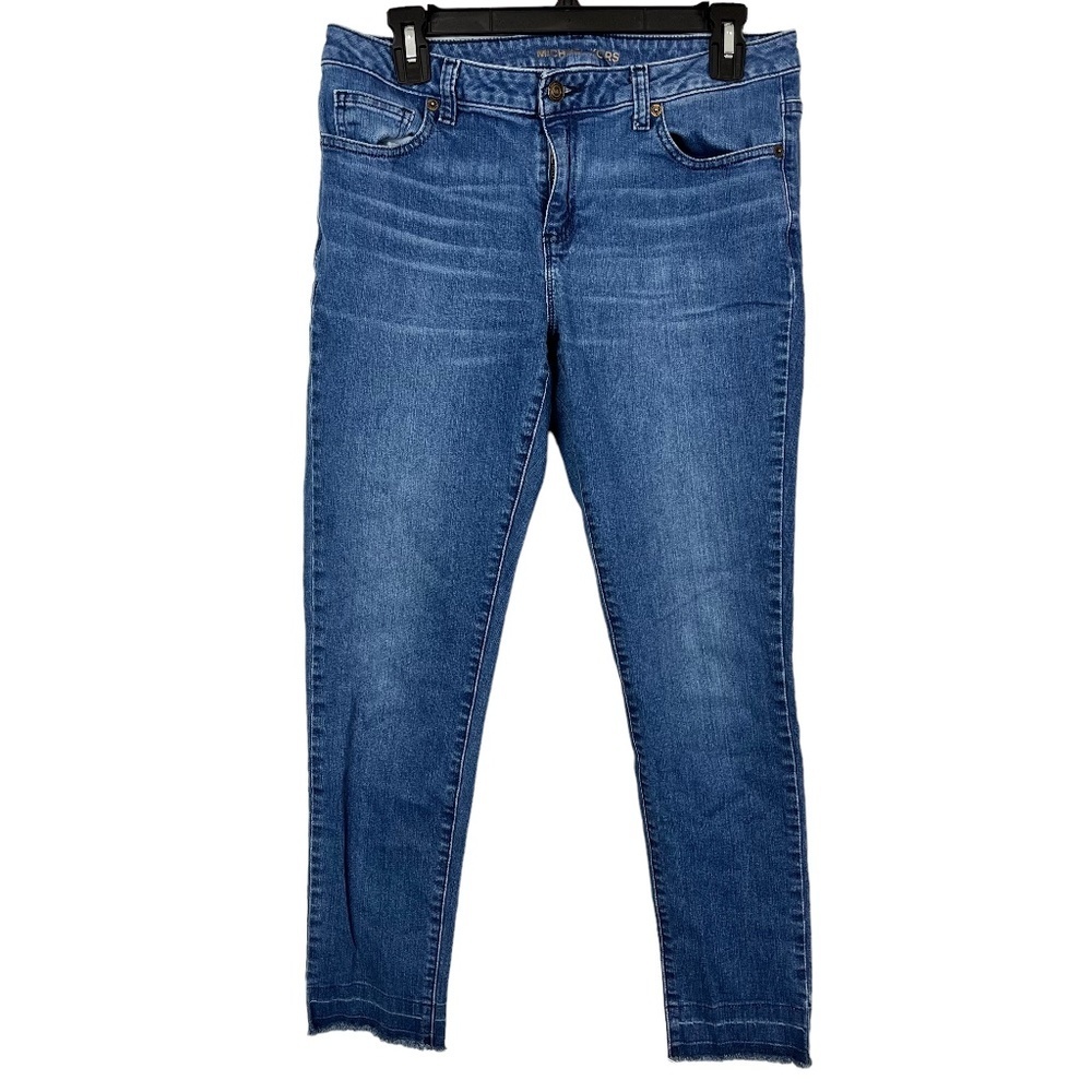MICHAEL KORS IZZY SKINNY Medium Blue Distressed Zip Fly Mid Rise Stretch Jeans 6
